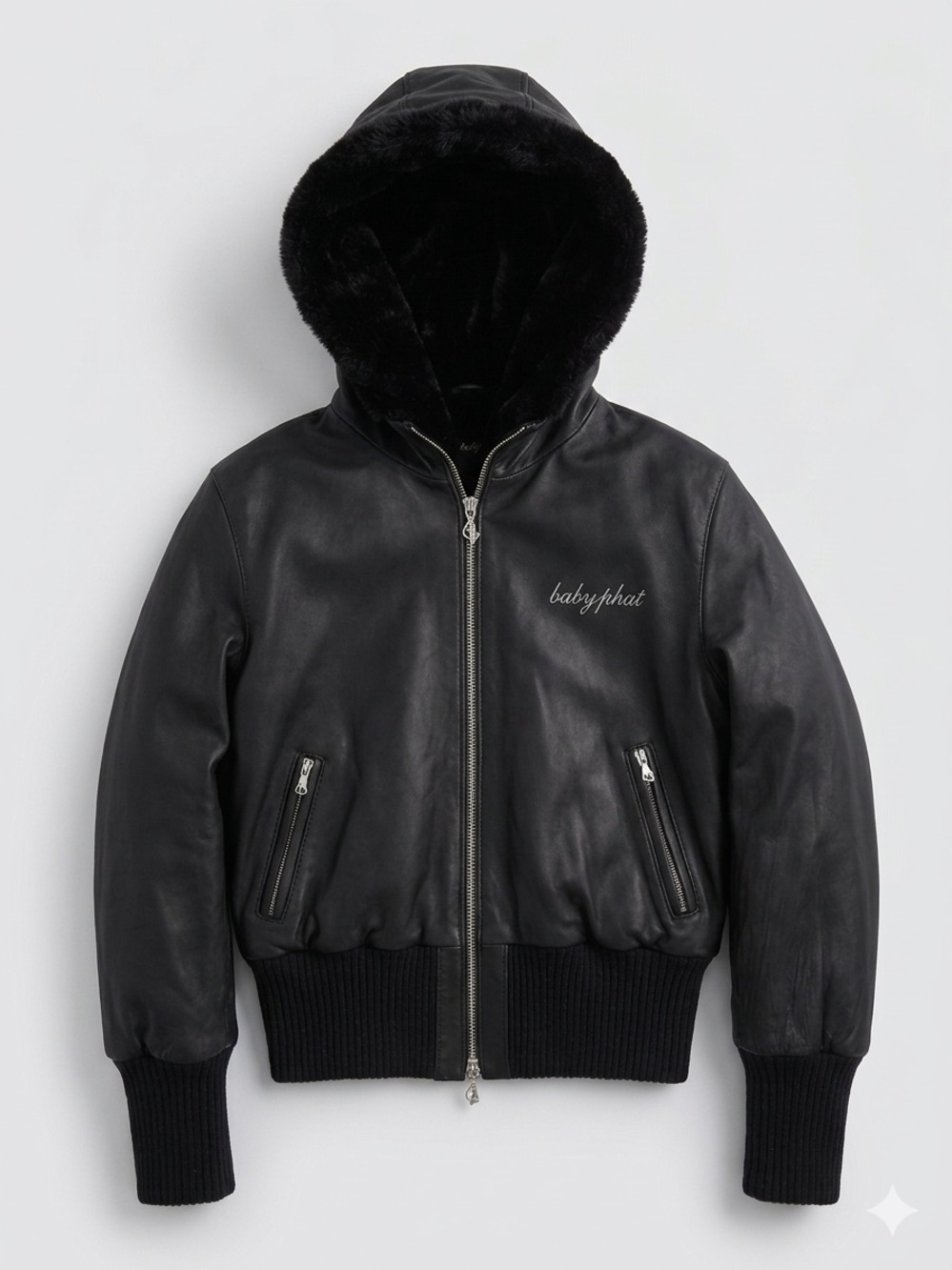 RARE VINTAGE Y2K Baby Phat Black Leather Bomber Jacket Hooded Cat Logo
